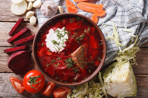 istock Ukrainian borsch soup and ingredients closeup. horizontal top view 624206224