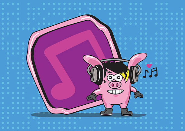 illustrations, cliparts, dessins animés et icônes de casque de chanson de pig de musique - pink background audio