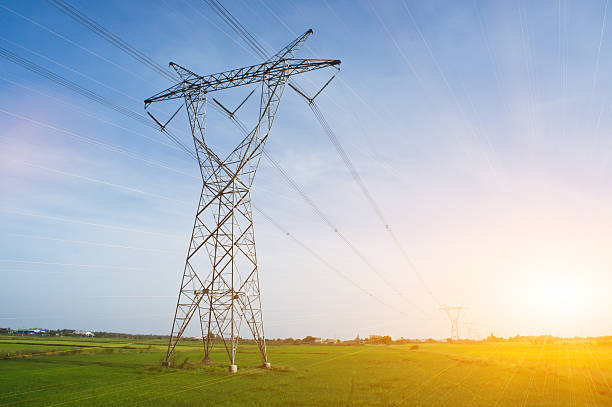 high voltage post, high-voltage tower - tower imagens e fotografias de stock