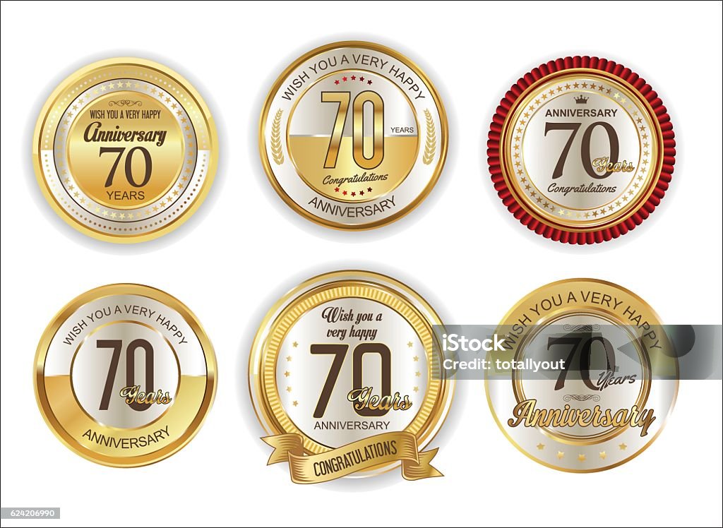 Anniversaire rétro vintage golden badges collection 70 ans - clipart vectoriel de Septuagénaire libre de droits