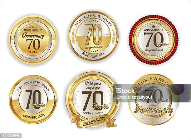 Anniversaire Rétro Vintage Golden Badges Collection 70 Ans Vecteurs libres de droits et plus d'images vectorielles de Septuagénaire