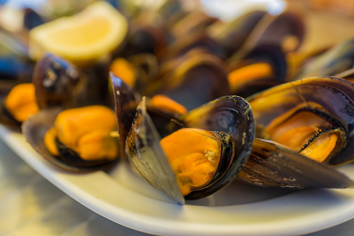 Detail of Galician mussels.