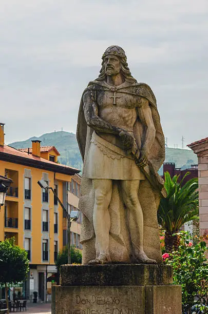 Statue of king Pelayo in Cangas de Onis, Asturias , Spain. Don Pelayo, pelagius in english, was a national asturian hero during spanish reconquest