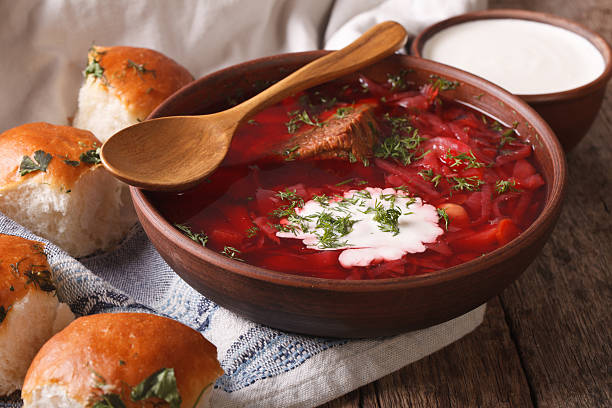 istock Ukrainian borscht red soup close up in a bowl. horizontal 624216068