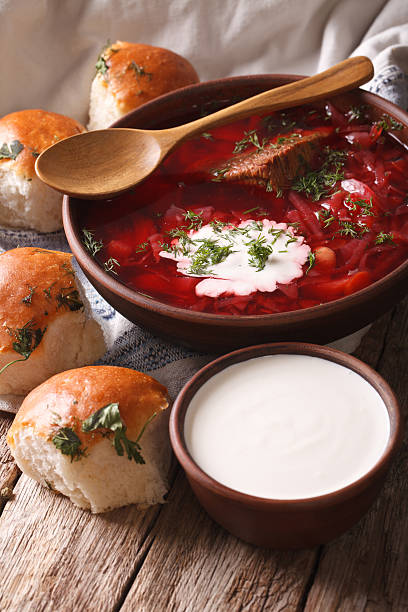 istock Ukrainian borsch soup with vegetables and meat close up. vertical 624216544