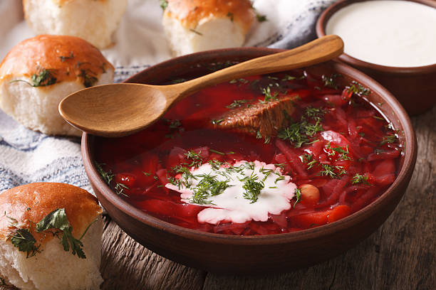 istock Traditional Ukrainian borsch soup close up in a bowl. horizontal 624217676