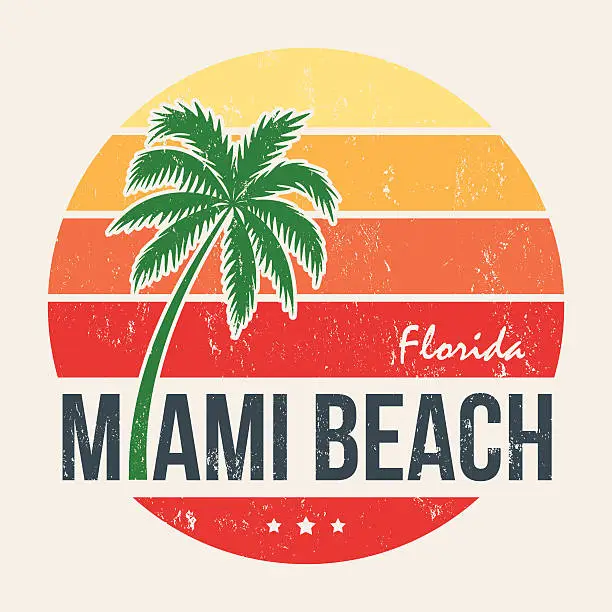 Vector illustration of Miami beach Florida tee print with palm tree.