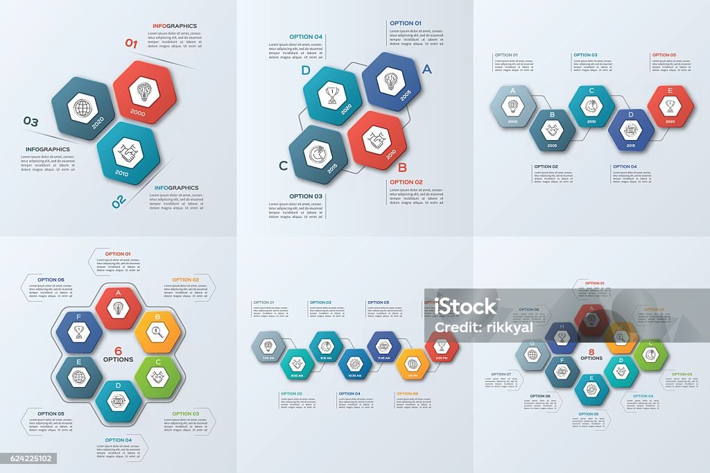 Set of business infographic templates with 3-8 steps Set of business infographic templates with 3-8 steps, processes, parts, options. Hexagon stock vector