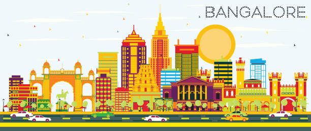 ilustraciones, imágenes clip art, dibujos animados e iconos de stock de horizonte de bangalore con edificios de color y cielo azul. - india bangalore contemporary skyline