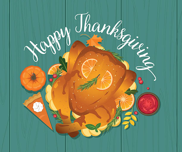 Happy Thanksgiving Happy Thanksgiving day. Roasted turkey and traditional meals. cranberry sauce stock illustrations