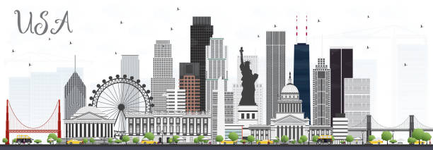 illustrazioni stock, clip art, cartoni animati e icone di tendenza di skyline degli stati uniti con grattacieli e punti di riferimento grigi. - san francisco county skyline silhouette sky