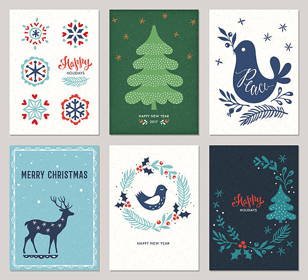 рождественские поздравительные открытки установить - tree winter bird branch stock illustrations