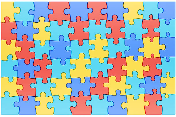 Puzzle Pieces in Autism Awareness Colors Background, 3D renderin