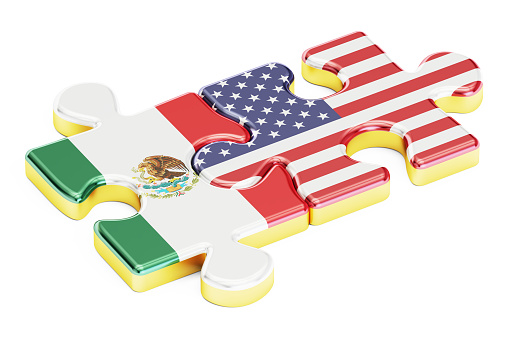 USA and Mexican puzzles from flags, relation concept. 3D rendering isolated on white background