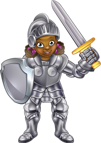 Cartoon young black knight girl in her suit of armour holding a sword and shield