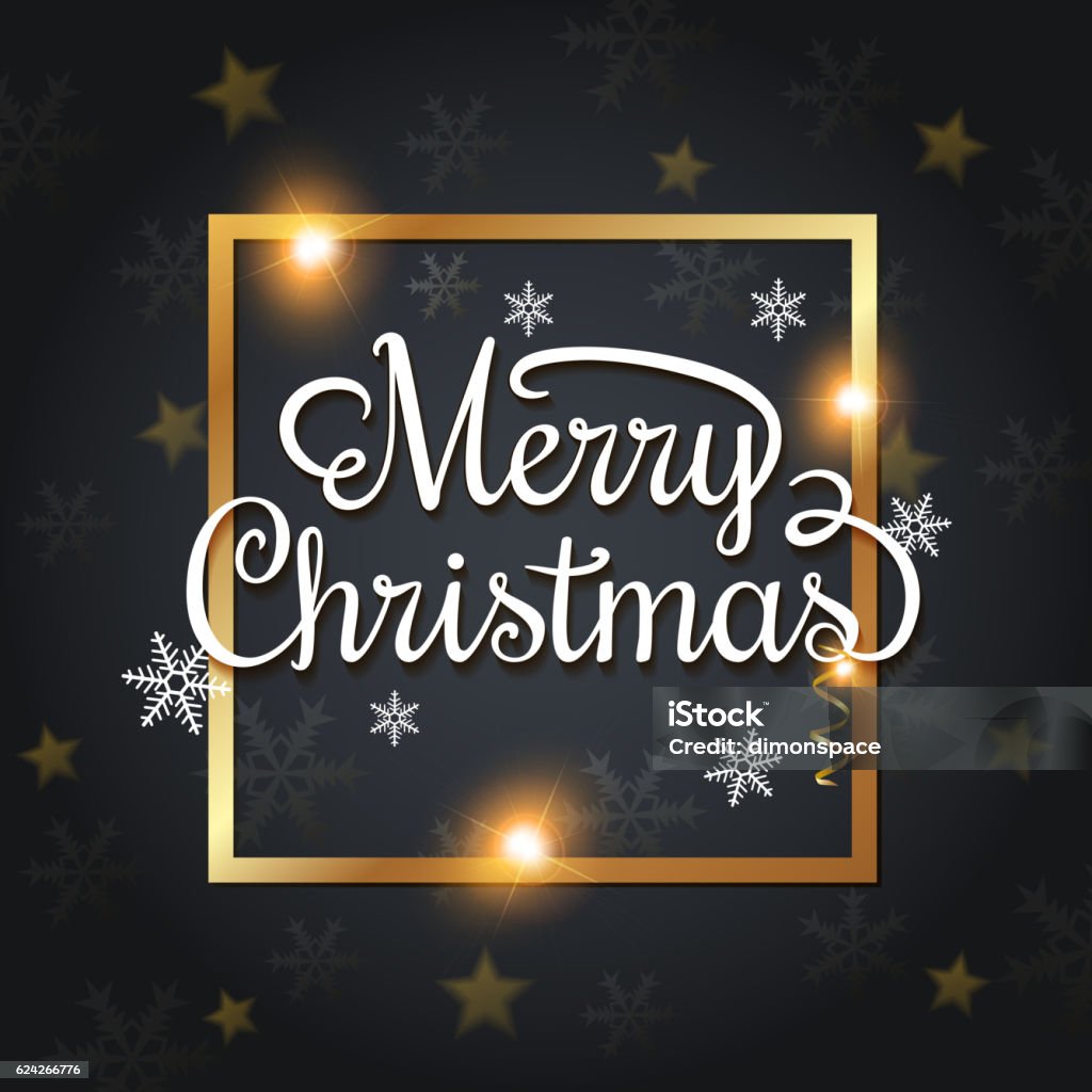Shining Christmas background Christmas background with greeting inscription in golden frame. Merry Christmas lettering. Arts Culture and Entertainment stock vector