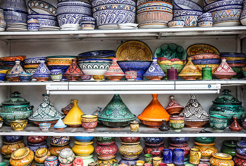 Ceramicl utensil on Moroccan souvenir shop, tajines