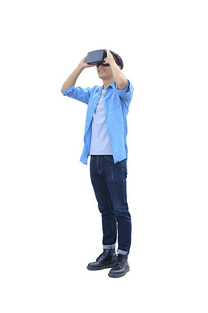 man play vr eyeglasses man play vr eyeglasses isolated on white background, great for your design cityscape videos stock pictures, royalty-free photos & images