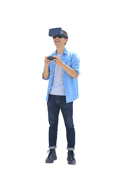 man play vr eyeglasses Happy man play game with vr eyeglasses isolated on white background cityscape videos stock pictures, royalty-free photos & images