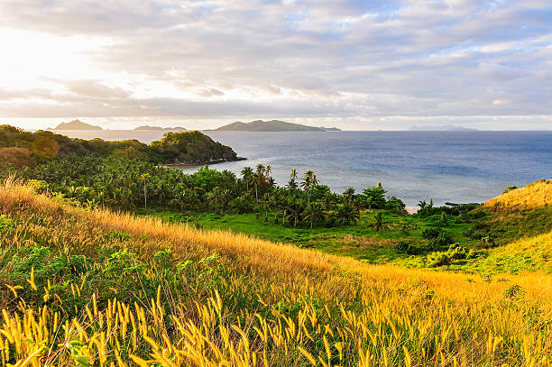 Sunset on Mana Island in Fiji stock photo