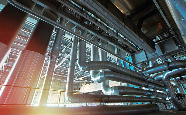 istock Industrial zone, Steel pipelines in blue tones 624281618