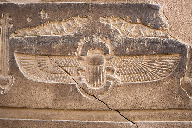 Egypt: Temple of Kom Ombo Kom Ombo, Egypt - July 23, 2016: A winged scarab and two crocodiles carved on a wall at the Temple of Kom Ombo, constructed during the Ptolemaic dynasty, 180–47 BC. scarab beetle stock pictures, royalty-free photos & images