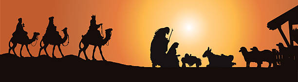 istock Christmas Nativity Scene, Three Wisemen in Front of Stable 624283482