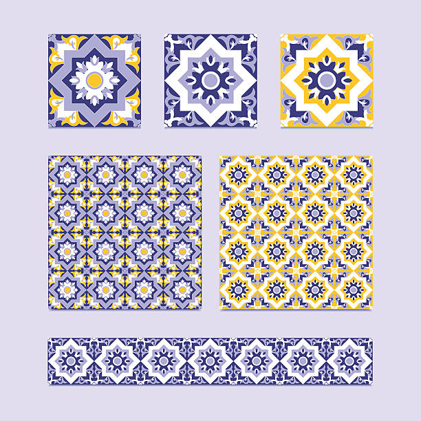 Vector set of 3 ceramic tiles, 2 tiled patterns Vector set of 3 ceramic tiles, 2 tiled patterns and border design in blue, white and yellow colors. Spanish, azulejo or moroccan mosaic ornament. Elements for background, floor, fabric and wallpaper. tiled floor stock illustrations