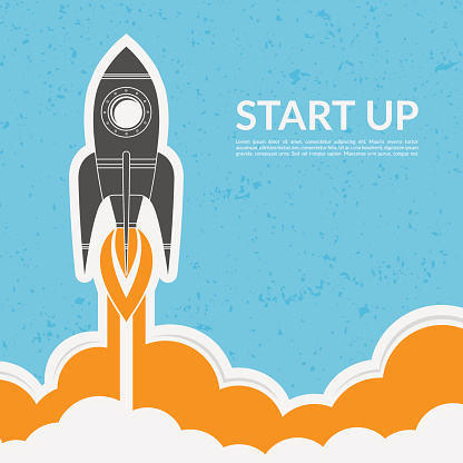 Space rocket launch in vintage style. Vector start up concept illustration