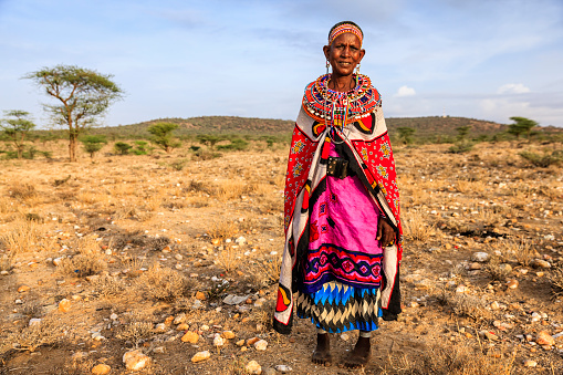 African woman from Samburu tribe, central Kenya, Africa. Samburu tribe is one of the biggest tribes of north-central Kenya, and they are related to the Maasai.