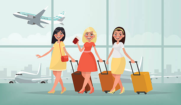 illustrations, cliparts, dessins animés et icônes de voyage en avion vers des pays chauds. trois femmes amies heureuses - femme voyage avion