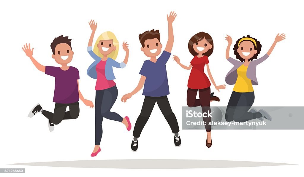 Happy group of people jumping on a white background. Happy group of people jumping on a white background. The concept of friendship, healthy lifestyle, success. Vector illustration in a flat style Teenager stock vector