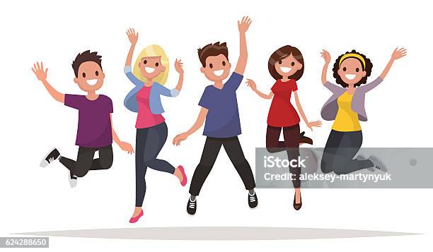 Happy Group Of People Jumping On A White Background Stock Illustration - Download Image Now