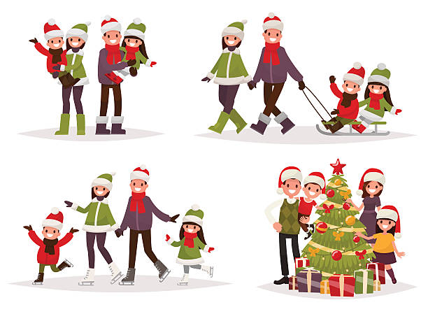 Merry Christmas and New Year. Holiday family set. Merry Christmas and New Year. Holiday family set. Parents and children are skating and sledding, decorate the Christmas tree. Vector illustration in a flat style family christmas stock illustrations