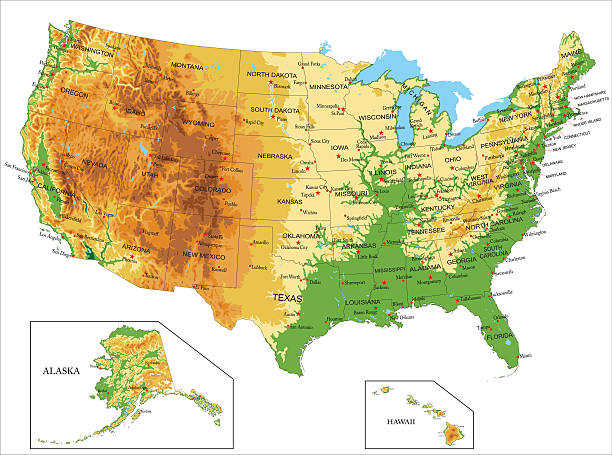 stany zjednoczone- fizyczna mapa - map cartography washington dc tennessee stock illustrations