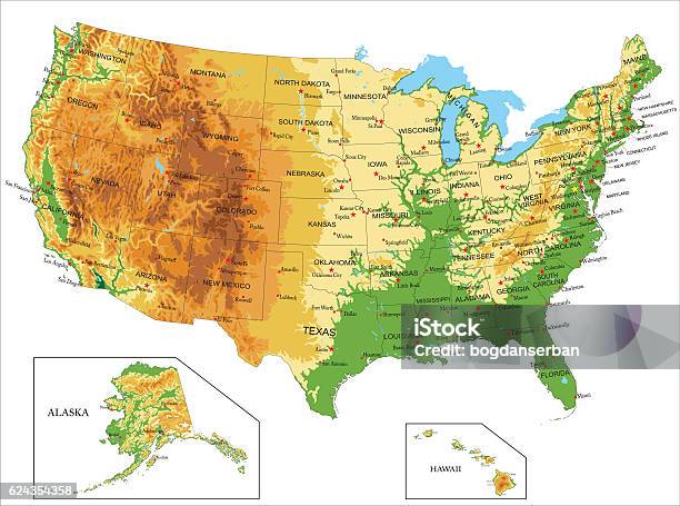 United States Of Americaphysical Map Stock Illustration - Download Image Now - Map, USA, Physical Geography
