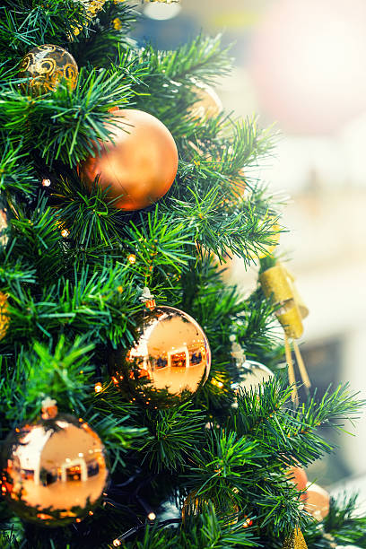 istock Christmas tree with gold decoration in shopping mall. 624356360