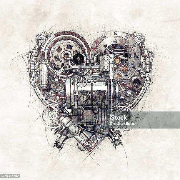 Sketch Of A Technicalmechanical Heart 3d Illustration Stock Photo - Download Image Now