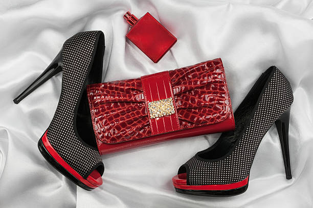 istock Red lacquer bag, perfume and shoes with toeless 624372156