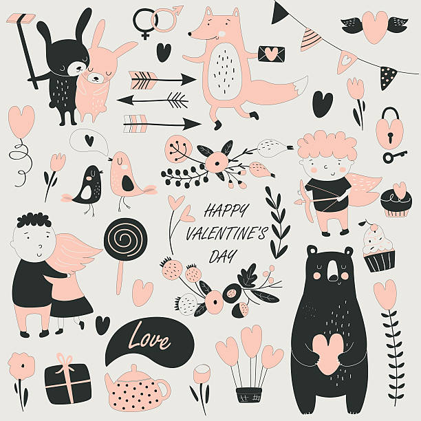 valentinesetpink Valentine set with cute loving couple, animals, Cupid,  birds, hearts and flowers in cartoon style tree crown stock illustrations