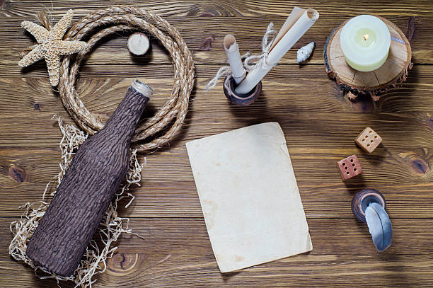 istock Vintage writing set, feather quill, ink, desk and blank paper 624372936