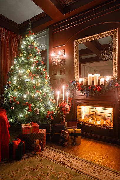 istock Christmas evening by candlelight. classic apartments with a white fireplace 624373514