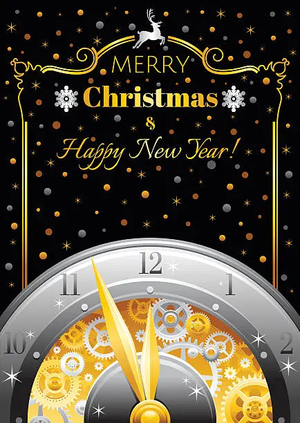 Vector illustration of Merry Christmas, New year flyer. Greeting card clock design