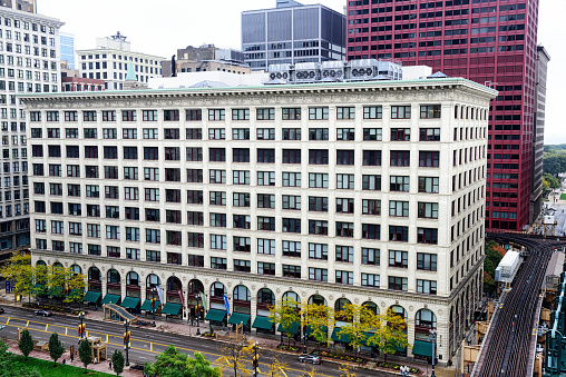 Chicago, USA - October 16, 2016: DePaul Center on State Steer in The Loop, downtown Chicago. Currently Banes and Noble bookstore. Formerly the Goldblatt's Department Store.  Viewed from above with distant people.