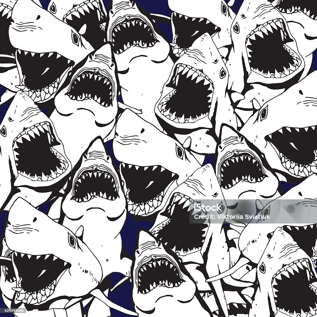 Biting Pattern Angry Shark Collage Hand Drawn Sea Life Pattern Stock Illustration ...