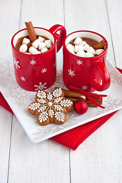 istock Red mugs with hot chocolate, marshmallows and gingerbread cookies 624393086