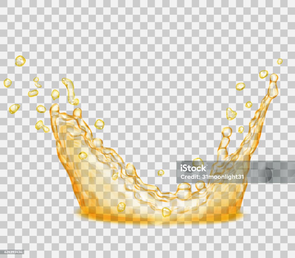 Transparent yellow crown from splash of water Transparent water splash in yellow colors, isolated on transparent background. Scatter spray from falling into the water. Crown from splash of water. Transparency only in vector file. Vector illustrations. EPS10 and JPG are available Cooking Oil stock vector