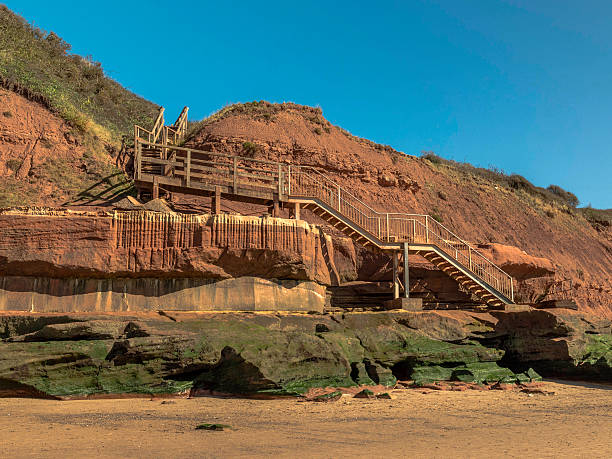 Jurassic Coast Geological Feature Jurassic Coast Geological Feature, metal steps at Orcombe Point near Sandy Bay, Devon Cliffs, Exmouth, South Devon exmouth western australia stock pictures, royalty-free photos & images
