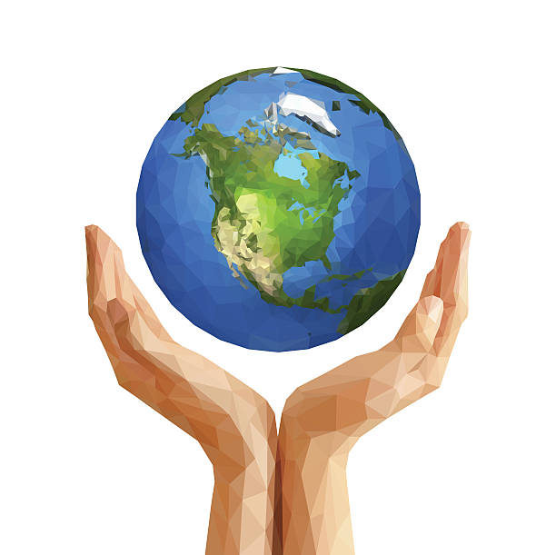 illustrazioni stock, clip art, cartoni animati e icone di tendenza di mani poligonali cuped che tengono poligono pianeta terra america wh - globe human hand earth world map