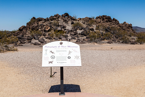 Dateland, United States - June 11, 2012: plate with explanation of the meaning of petroglyphs paintings at Sears Point Petroglyph Site, Near Dateland, Arizona